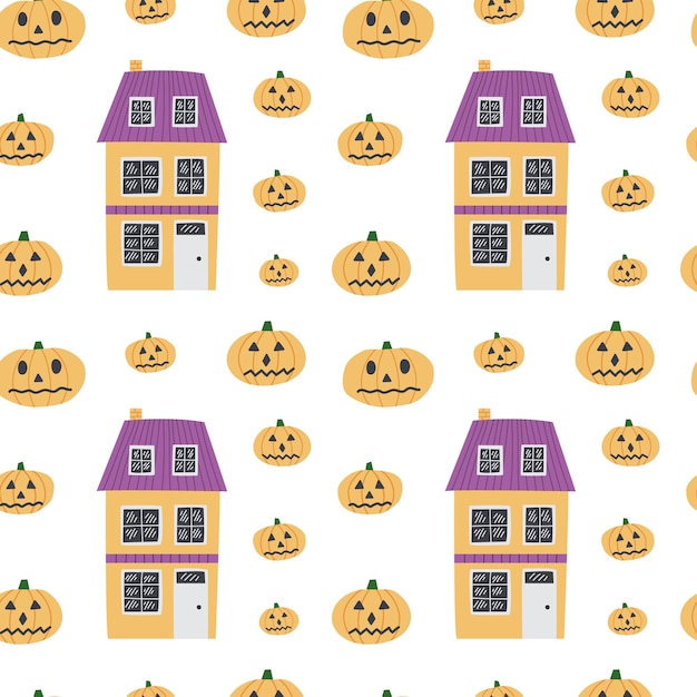 かわいい, ハロウィーン, seamless, パターン, ∥で∥, 家, そして, カボチャ, 頭, カボチャ, モンスター, そして, 国, 家, 漫画, パターン