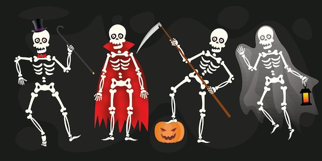 Vector cute halloween skeletons blck pack in vector