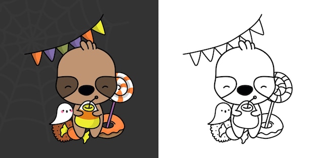 Cute Halloween Sloth Clipart for Coloring Page and Illustration. Happy Clip Art Halloween Animal.