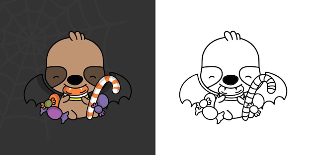 Милый хэллоуинский ленивец Клипарт Иллюстрация и черно-белый. Забавный клип Хэллоуин животных.