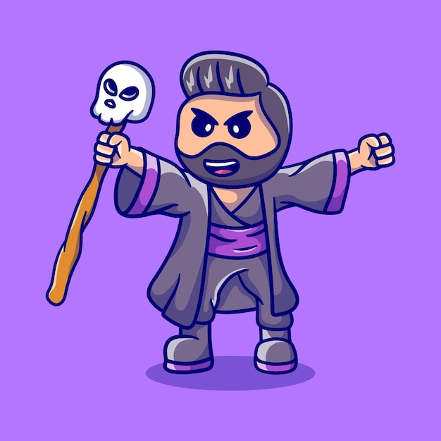 Cute halloween sorcerer with skeleton stick