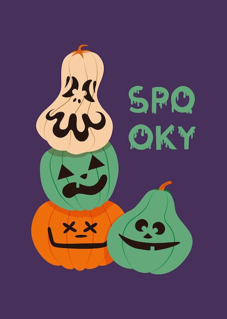 Vector cute halloween spooky carved pumpkins greeting card design on purple background