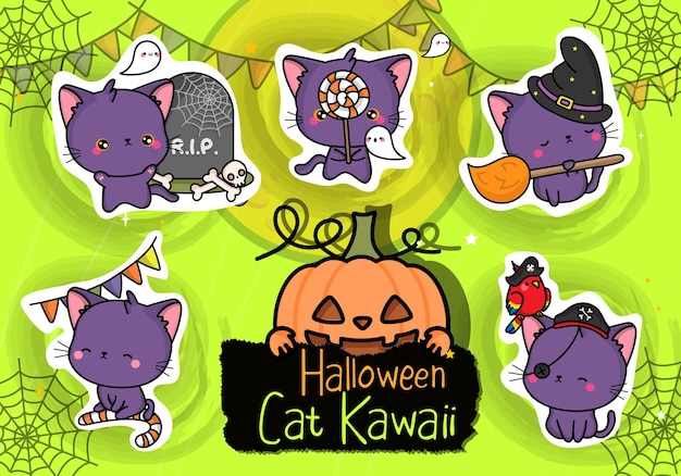 かわいいハロウィーンのステッカー。かわいいハロウィーン猫クリップアート イラストのコレクションです。