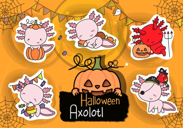 Cute Halloween Stickers. Set of Cute Halloween Axolotl Clipart Illustration. Funny Clipart Halloween