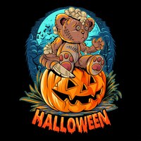 A cute halloween teddy bear with a knife sitting on a pumpkin