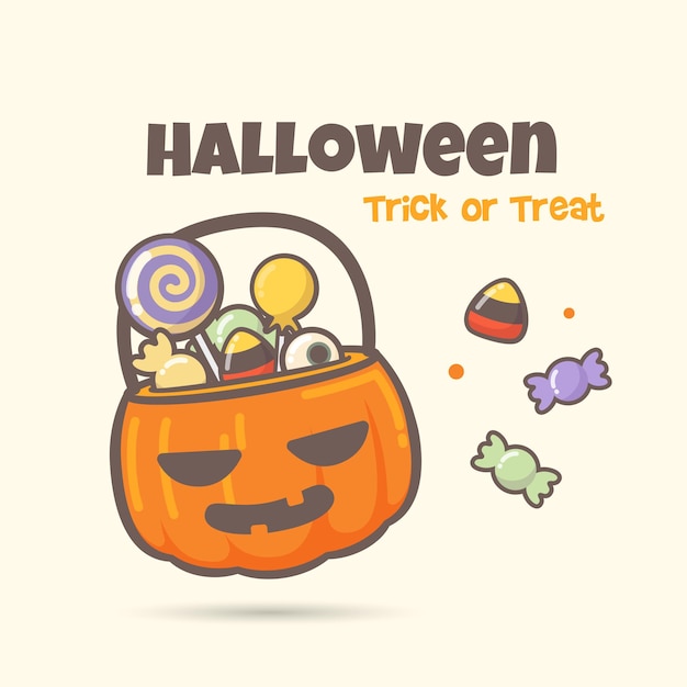 Vector cute halloween trick or treat pumpkin candy basket