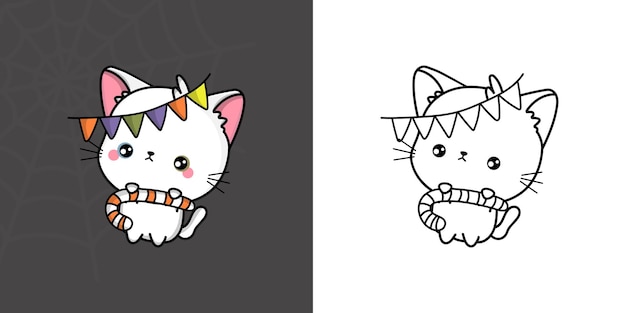 Cute Halloween Turkish Angora Cat Clipart Illustration and Black and White. Funny Halloween Kitty.