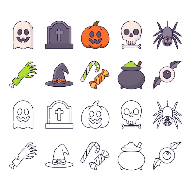 輪郭を描かれたスタイルのかわいいハロウィーンのベクトル要素コレクション