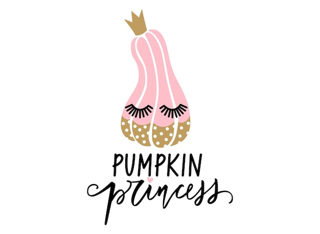 Cute Halloween vector pumpkin character with lashes. Pumpkin princess lettering quote.