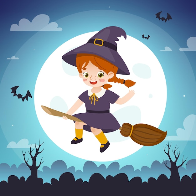 Cute halloween witch baby girl in front of the full moon.