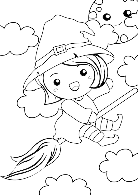 Cute Halloween Witch Coloring Pages A4 for Kids and Adult