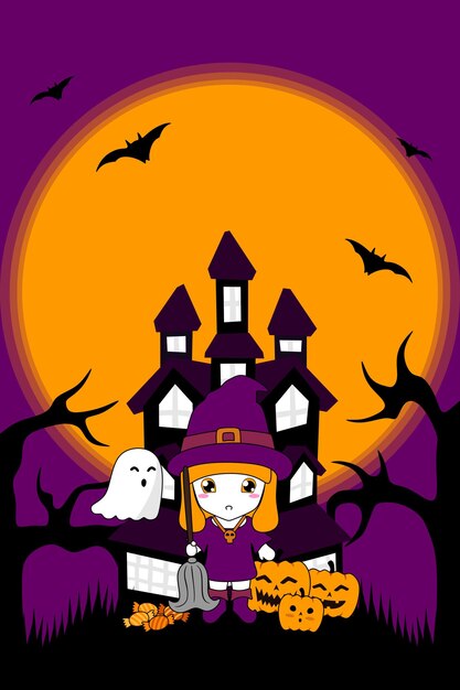 Cute Halloween Witch on Purple Background