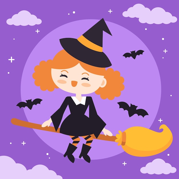 Cute Halloween witch riding a broom flying in the sky with full moon.