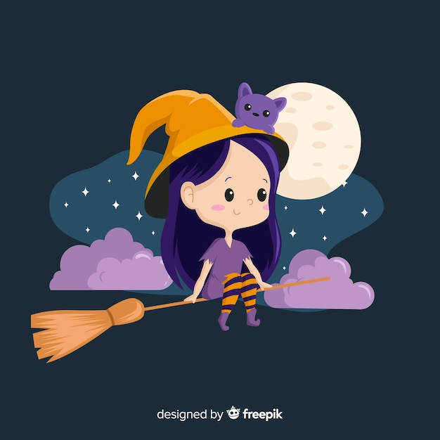 Cute halloween witch sitting on a broom