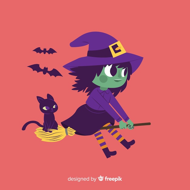 Strega di halloween carino con gatto