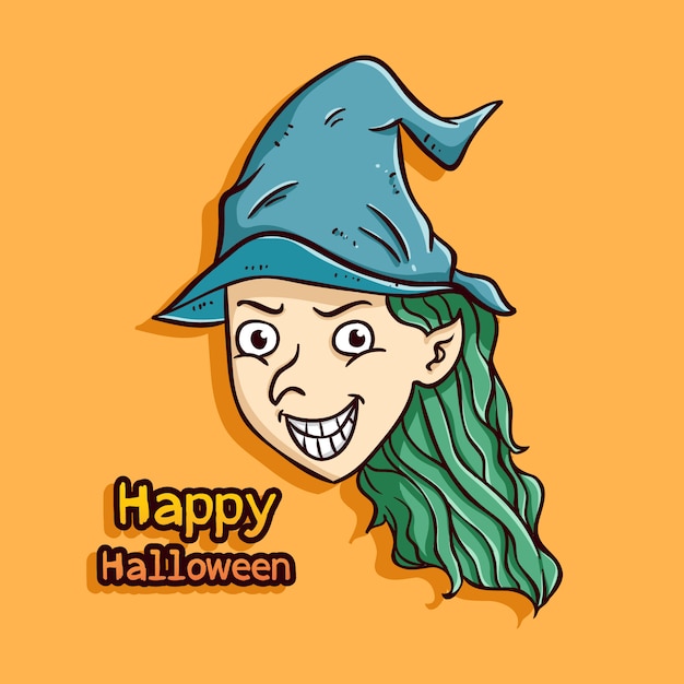 cute halloween witch with colored doodle style on orange background