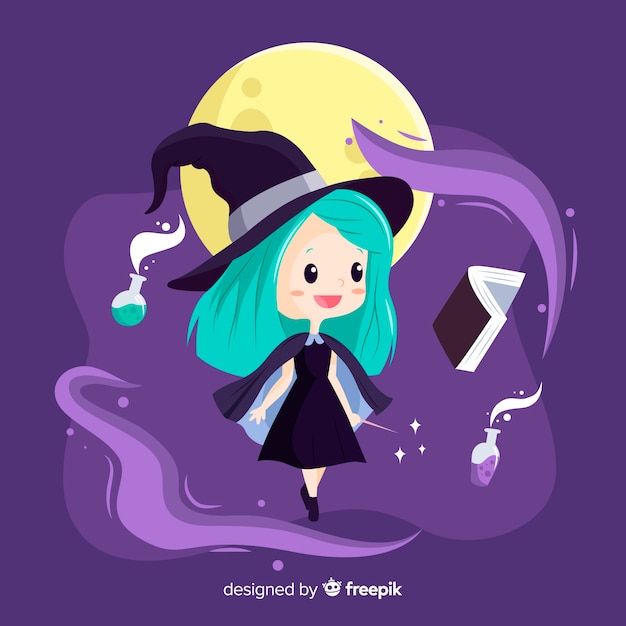 Cute halloween witch with spell