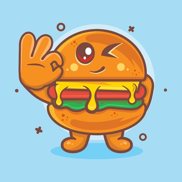 cute hamburger food character mascot with ok hand gesture isolated cartoon in flat style design