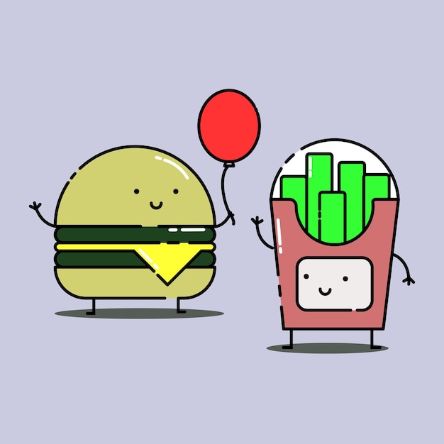 Vector cute hamburger hold balloons give to french fries baby fast food mascot character cartoon