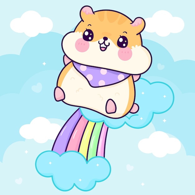 Simpatico cartone animato di criceto salta su arcobaleno pastello illustrazione kawaii animal