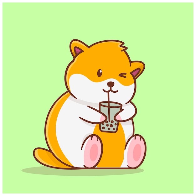 Vector cute hamster drinking ice flat illustration