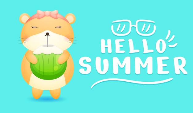 Cute hamster girl holding coconut juice with summer greeting banner