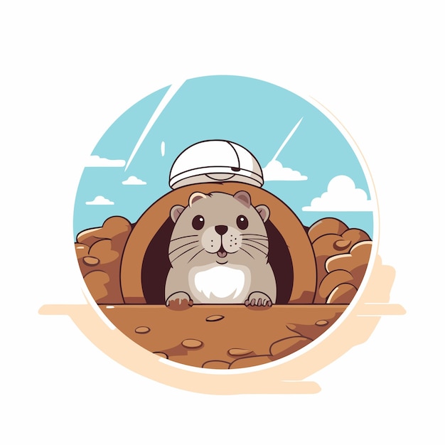 Vector cute hamster in a hole vector illustration in cartoon style