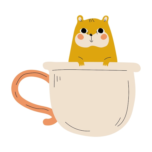 Vettore amabile criceto in tazza di tè bianca adorabile piccolo personaggio animato seduto in una tazza di caffè vettore