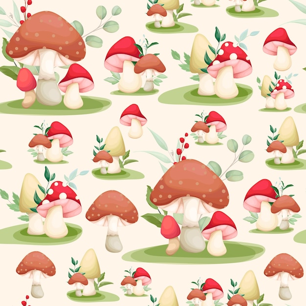 Cute hand drawing mushroom and leaves seamless pattern design