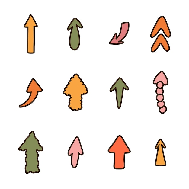 벡터 낙서 플랫 스타일로 설정된 귀여운 손으로 그린 화살표 흰색 배경에 고립된 웹 배너 디자인을 위한 비즈니스 화살표 표시 아이콘 다양한 모양의 윤곽선이 있는 대담하고 펑키한 화살표 컬렉션