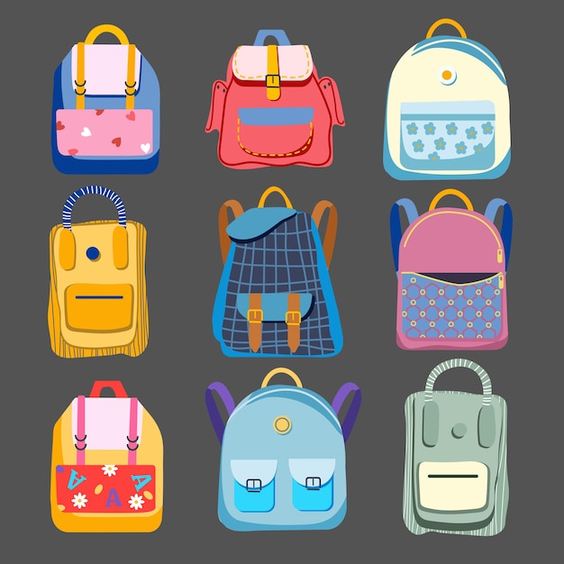 Cute hand-drawn backpacks. Variety of cartoony isolated backpacks on a brown background. Back