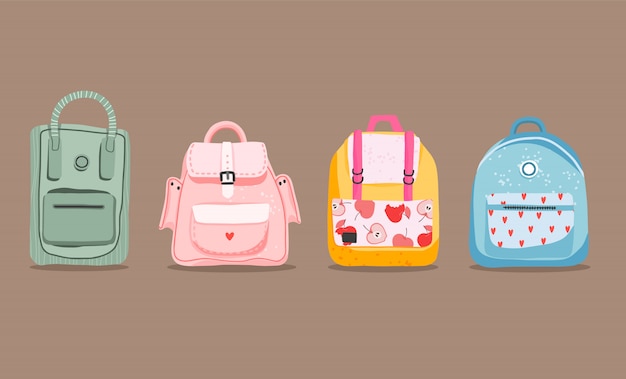 Симпатичные рисованные рюкзаки. разнообразие мультяшных изолированных рюкзаков на светло-коричневом фоне. вернуться к школе и концепции образования. детские школьные сумки.