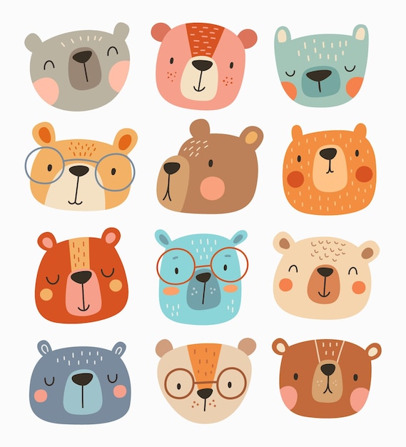 Vector cute hand drawn bear illustration animal clipart collection