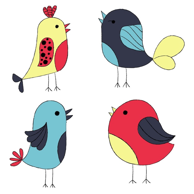 Cute hand drawn birds. Colorful birds collection