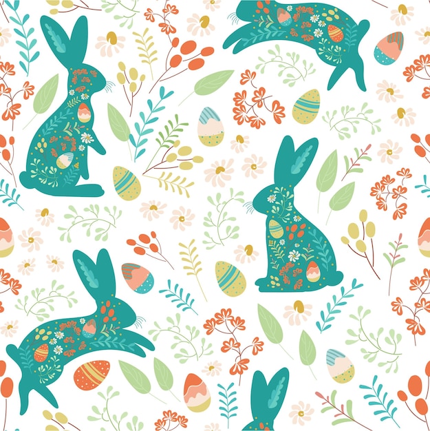 Vector cute hand drawn bunnies in a flower meadow sweet easter pattern with rabbits flowers eggs vector