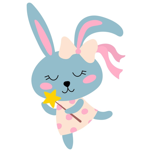 Vector cute hand drawn bunny with magic wand. white background, isolate. vector illustration.