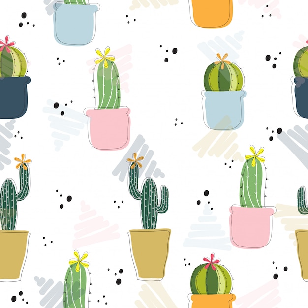 Vector cute hand drawn cactus seamless pattern background