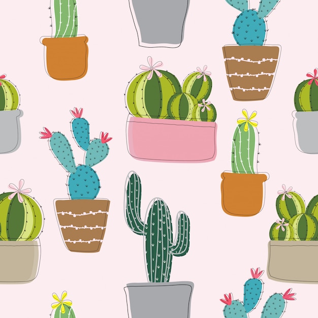 Modello senza cuciture di cactus disegnato a mano sveglio