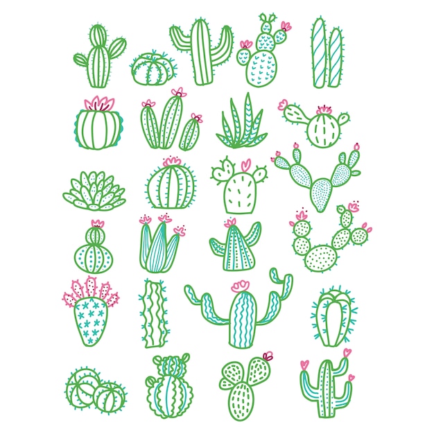 Vector cute hand drawn cactus without pots color outlined illustration.