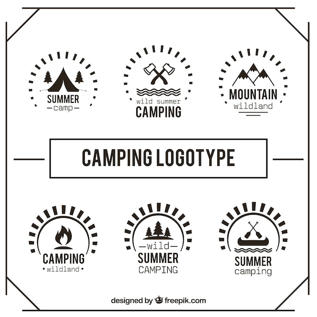 Cute hand drawn camping logotype set