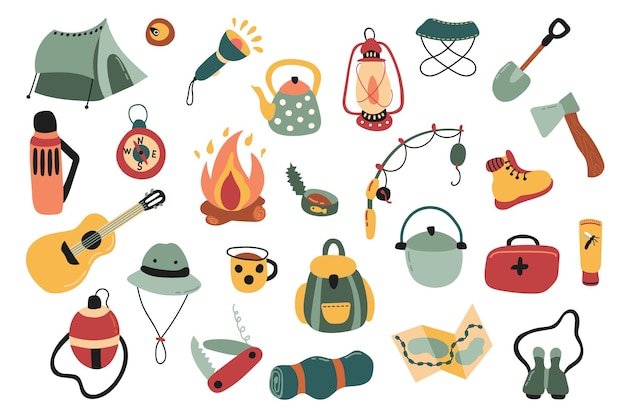 Cute hand drawn camping set White background isolate Vector illustration