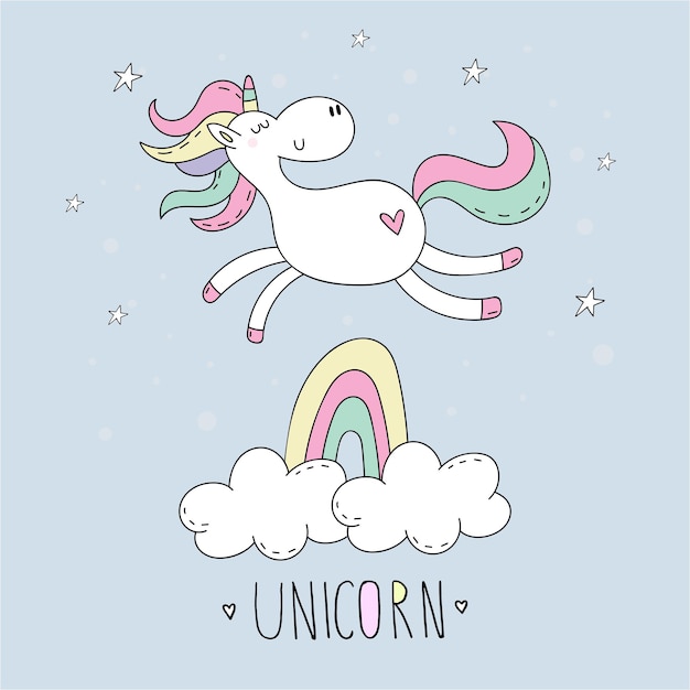 Vector cute hand drawn cartoon character unicorn. vector illustration. print for kids.