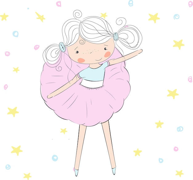 Cute hand drawn cartoon girl ballerina.