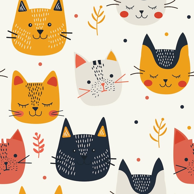 可愛い手描きの猫のシームレスパターン背景 ベクトルイラスト