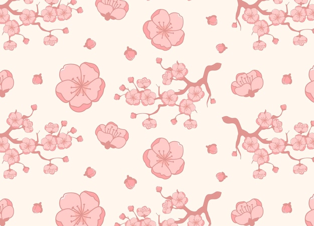 Vector cute hand drawn cherry blossoms  blooming seamless pattern kawaii doodle