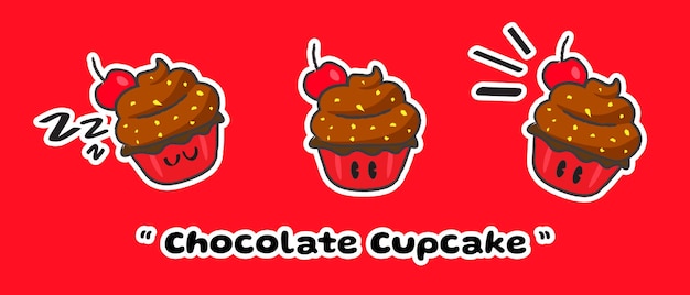 Insieme dell'illustrazione di vettore del carattere del cupcake al cioccolato disegnato a mano sveglio