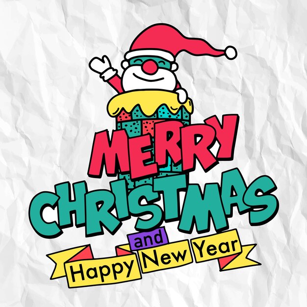 Vector cute hand drawn christmas doodles, santa claus smiling and waving his hand over the chimney. with merry christmas and happy new year typography