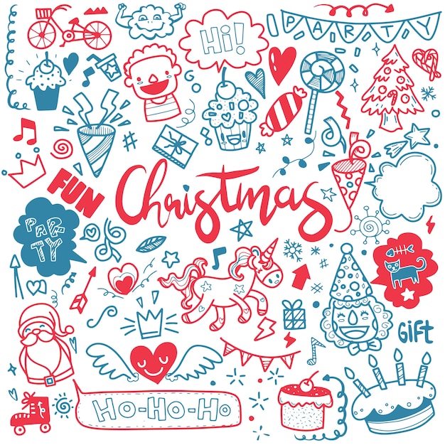 かわいい手描きのクリスマスの落書き、落書きスタイルのクリスマスデザイン要素のセット、メリークリスマスをテーマにしたオブジェクトの大ざっぱな手描きの落書き漫画セット、それぞれ別のレイヤーに。