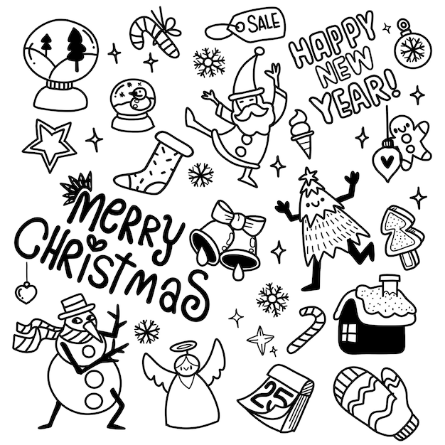 Doodles di natale disegnati a mano carino, set di elementi di design di natale in stile doodle