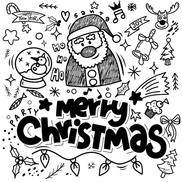 Insieme disegnato a mano sveglio di scarabocchi di natale dell'illustrazione di natale nello stile di scarabocchio insieme del fumetto di doodle disegnato a mano abbozzato degli oggetti sul tema di buon natale